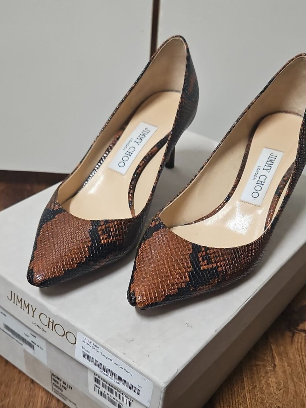 JIMMY CHOO Pump Shoes ROMY 60 Snake Printed Leather Brown